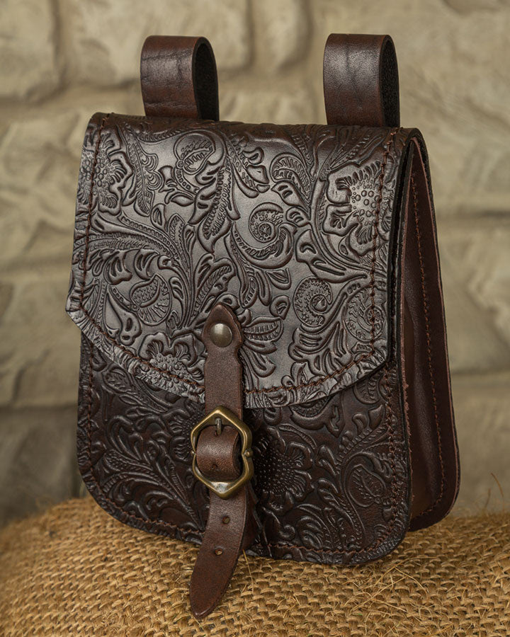 Bolso medieval Beatriz en cuero repujado marrón oscuro