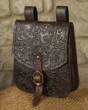 Bolso medieval Beatriz en cuero repujado marrón oscuro