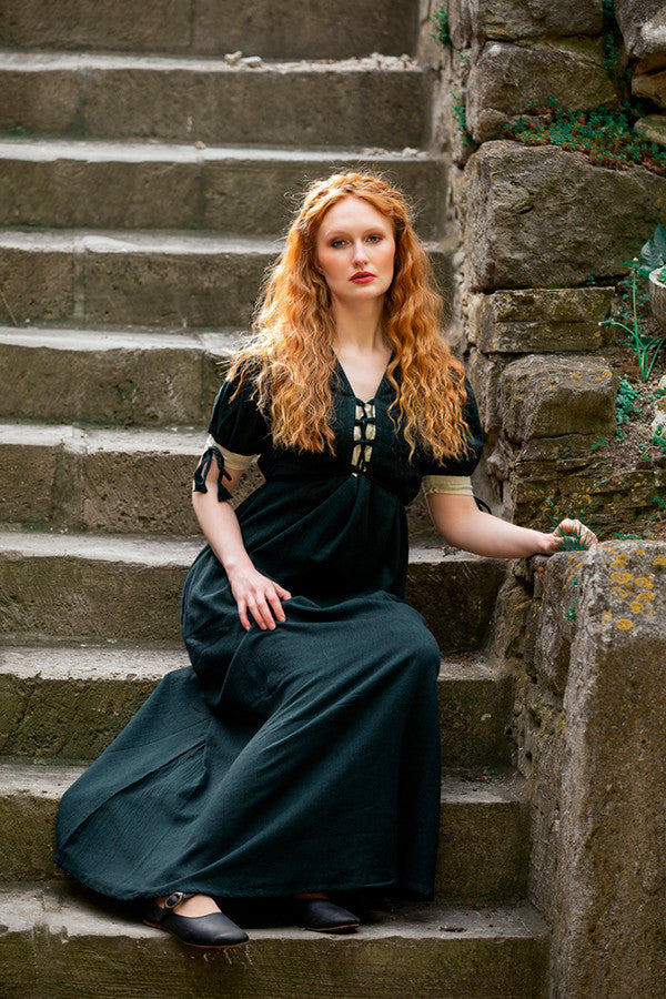 Vestido medieval Denise con cordones, verde-blanco natural