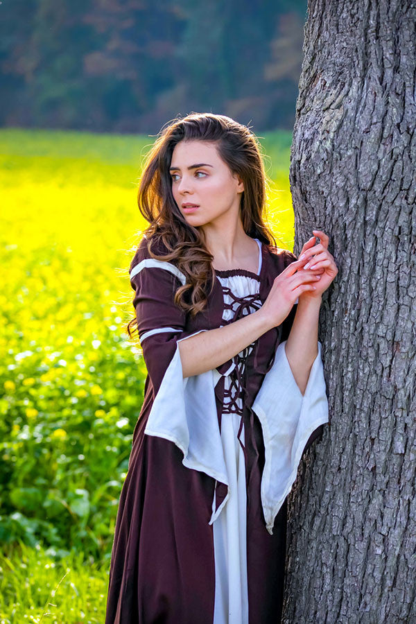 Vestido medieval mujer Larissa, marrón-blanco natural