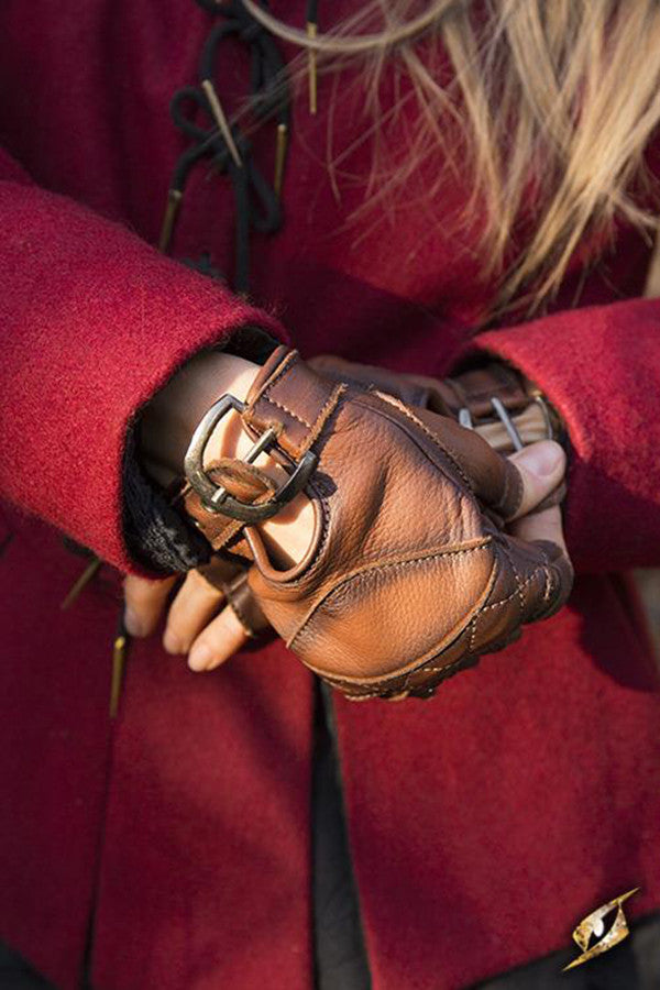 Guantes Celtas de cuero marrón, cierre hebilla