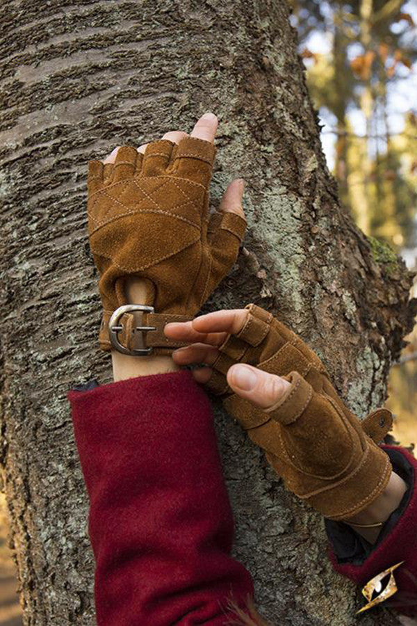 Guantes Celtas de gamuza marrón, cierre hebilla