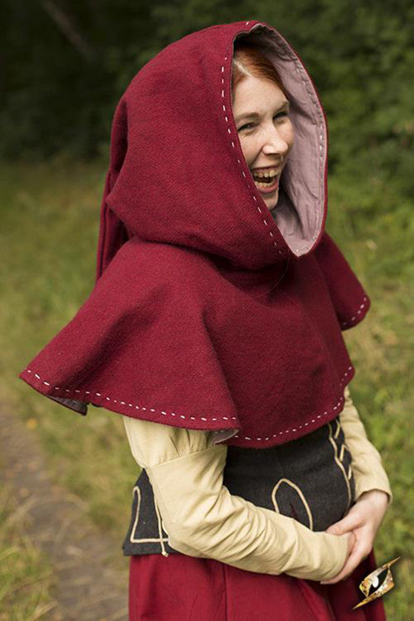 Capucha medieval con cubrehombros, color rojo oscuro