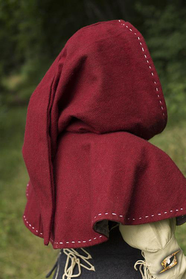 Capucha medieval con cubrehombros, color rojo oscuro