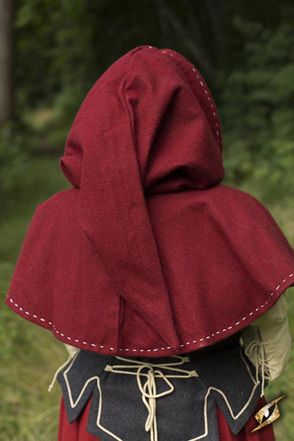 Capucha medieval con cubrehombros, color rojo oscuro