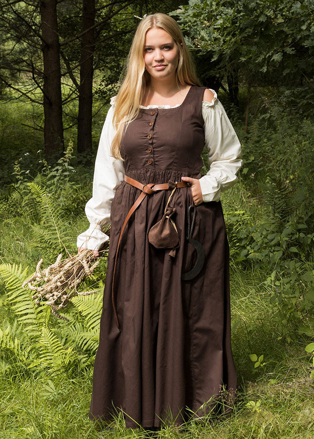 Vestido medieval campesina Lene algodón sin mangas, marrón