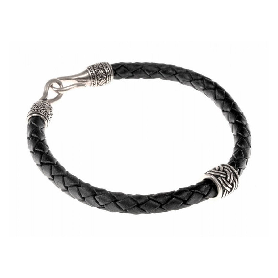 Pulsera trenzada vikinga con abalorios plateados en cuero negro