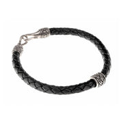 Pulsera trenzada vikinga con abalorios plateados en cuero negro