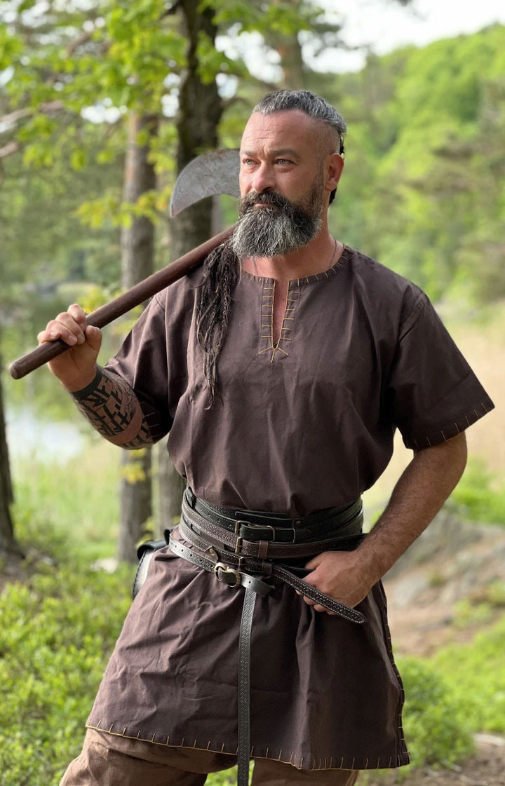 Túnica vikinga manga corta Theobald, marrón oscuro