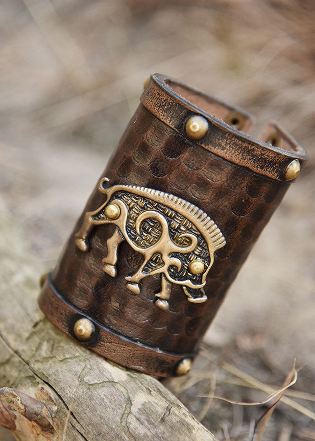Pulsera celta Jabalí salvaje, cuero marrón