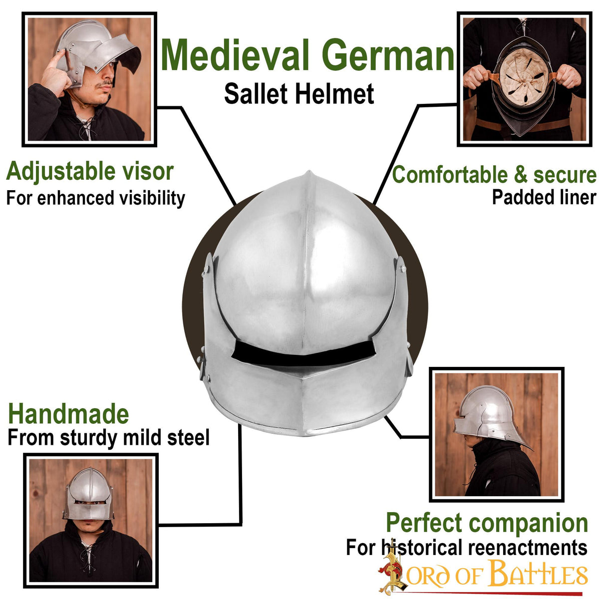 Casco medieval Sallet Alemán, con forro acolchado
