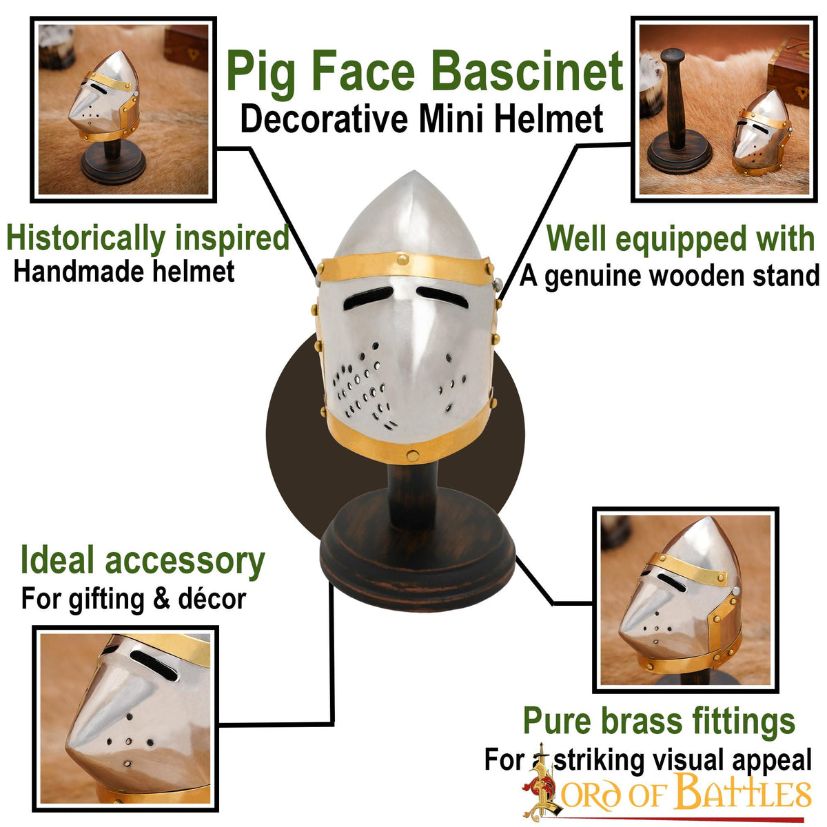 Mini casco bacinete Pig Face, con stand