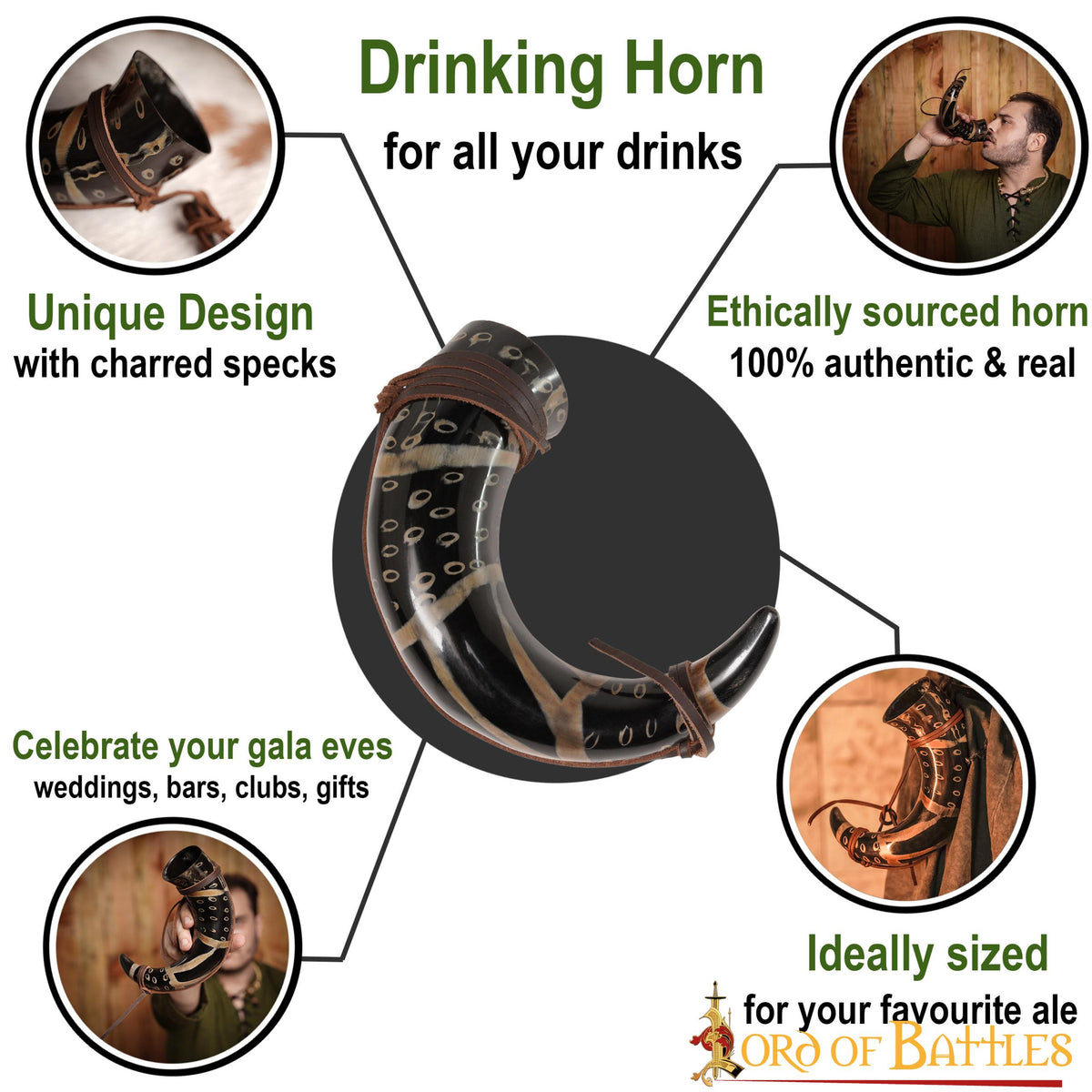 Cuerno para beber con cordón de cuero