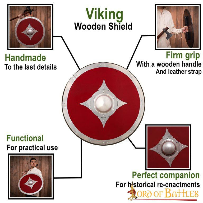 Escudo vikingo de combate de madera roja