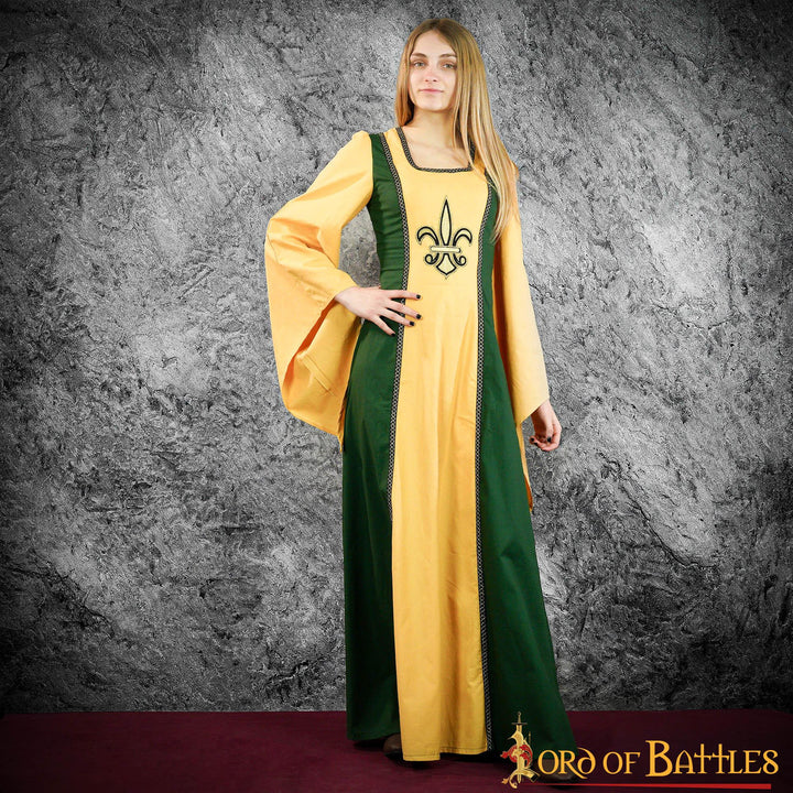 Vestido Medieval Cortesana Lisenia flor de lis - Mostaza y Verde