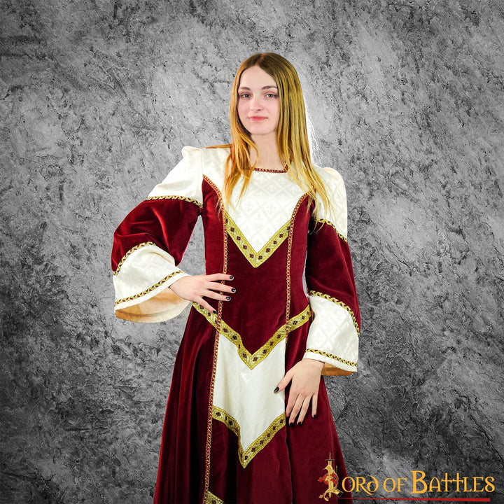 Vestido Medieval Noble Catalina con brocados - Granate y Crudo