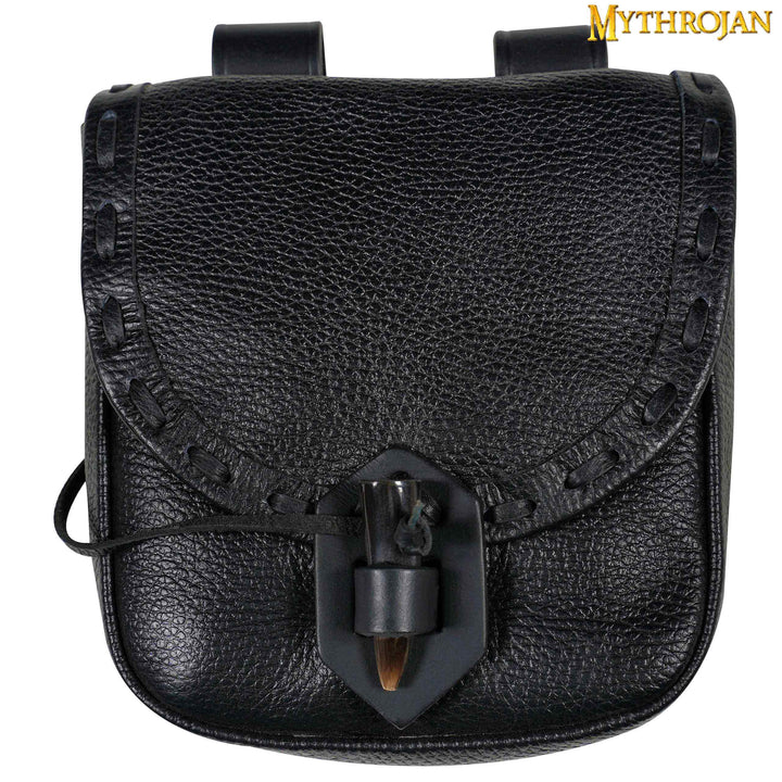 Bolsa medieval en piel con cierre de cuerno - Negra (20x17,5 cm.)