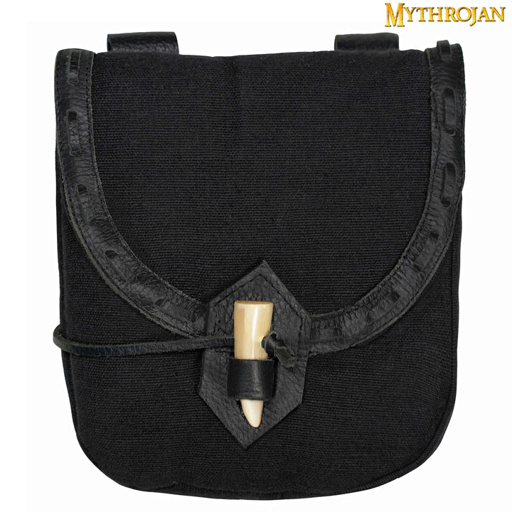 Bolsa medieval en lona y piel con cierre de cuerno - Negra (20,3x17,7 cm.)