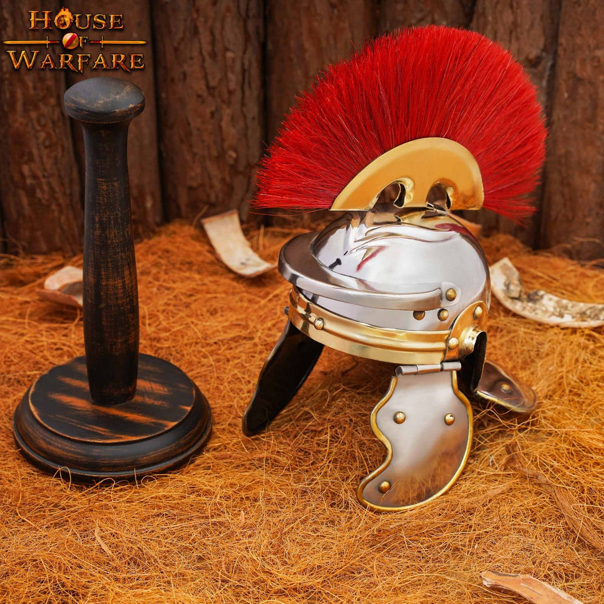 Mini Casco legionario romano con soporte de madera