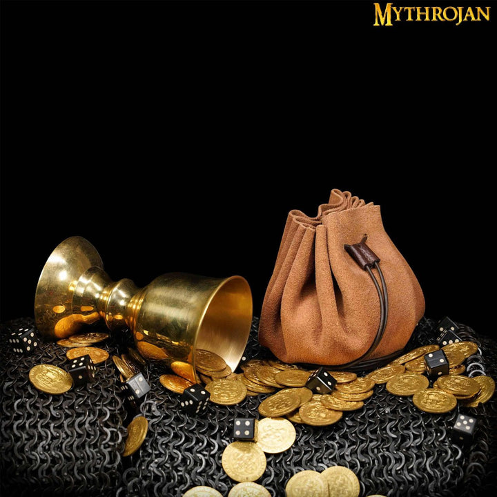 Bolsita medieval para recreaciones, oro y dados - marrón claro