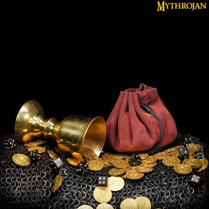 Bolsita medieval para recreaciones, oro y dados - vino tinto