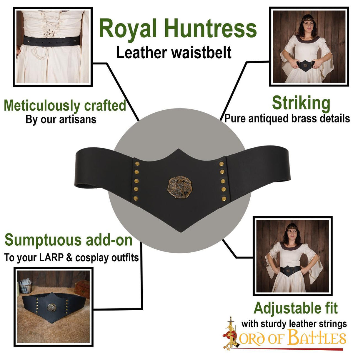 Cinturón de cuero Royal Huntress, cuero negro