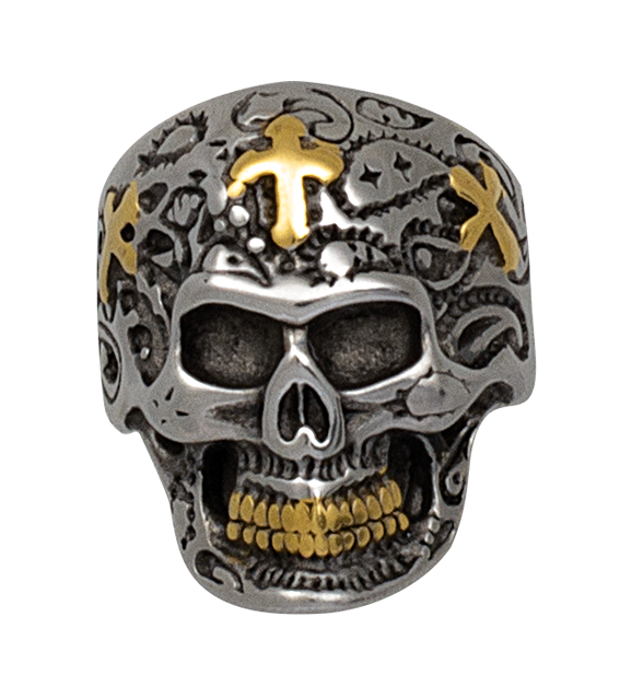 Anillo en acero Calavera con Cruces doradas