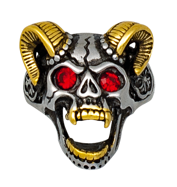 Anillo en acero Calavera con Cuernos Dorados