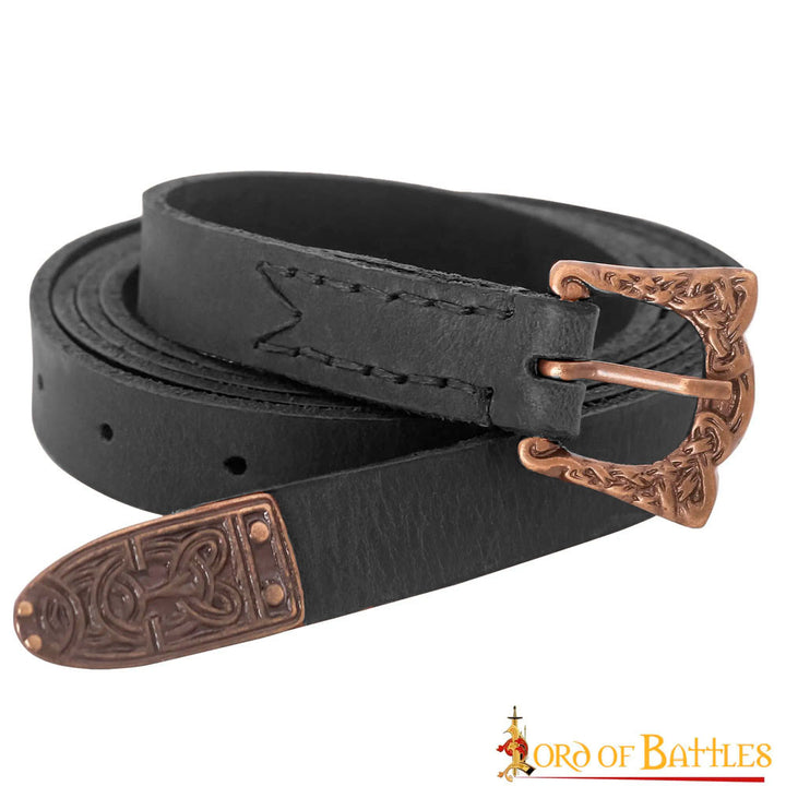Cinturón estrecho vikingo negro con hebilla y chapa