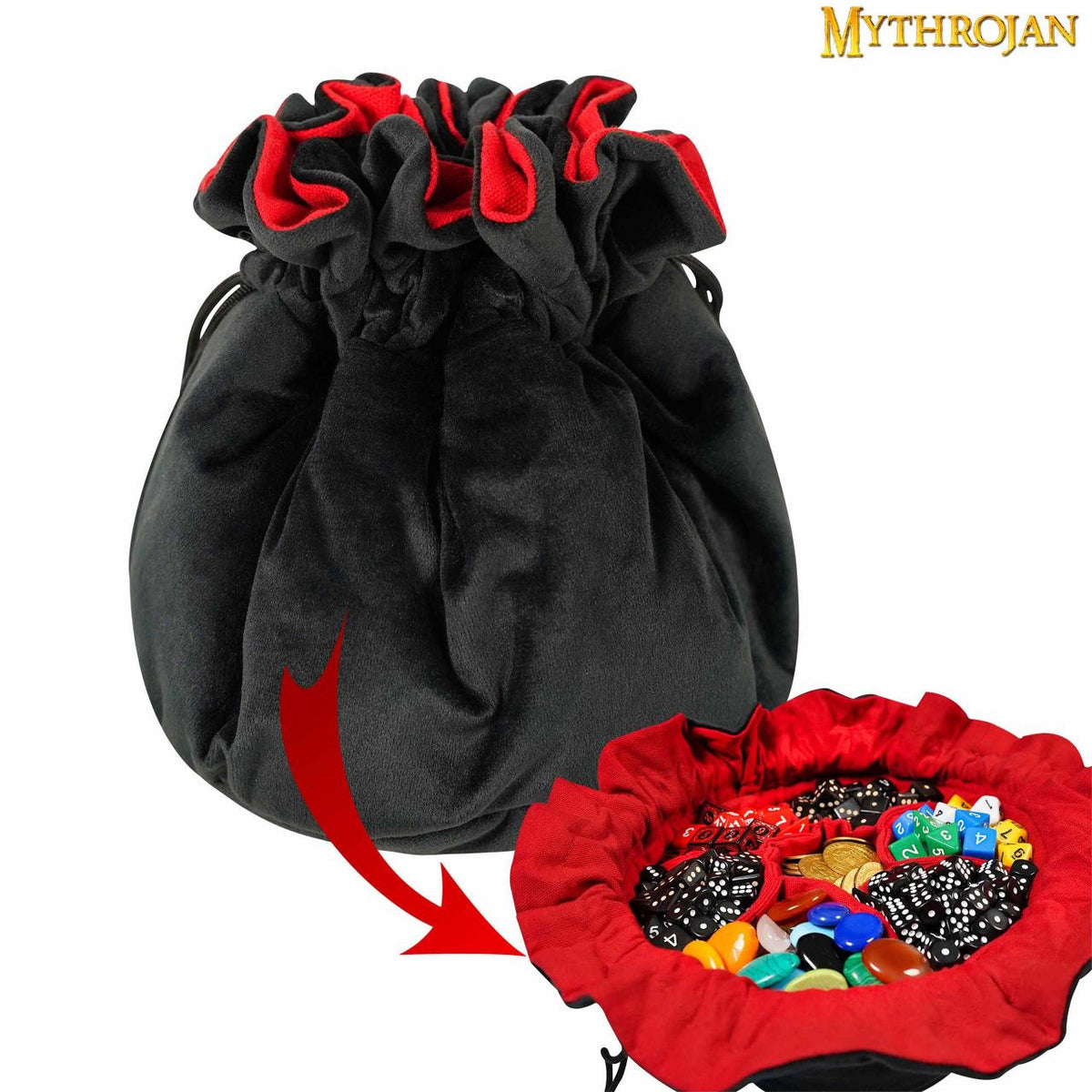 Bolsa medieval con cordón para dados, negro - rojo