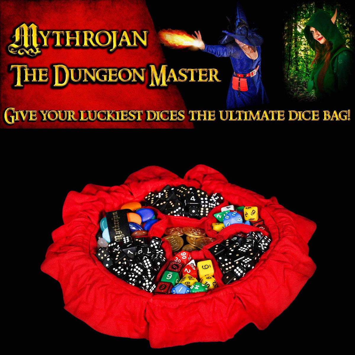 Bolsa medieval con cordón para dados, negro - rojo
