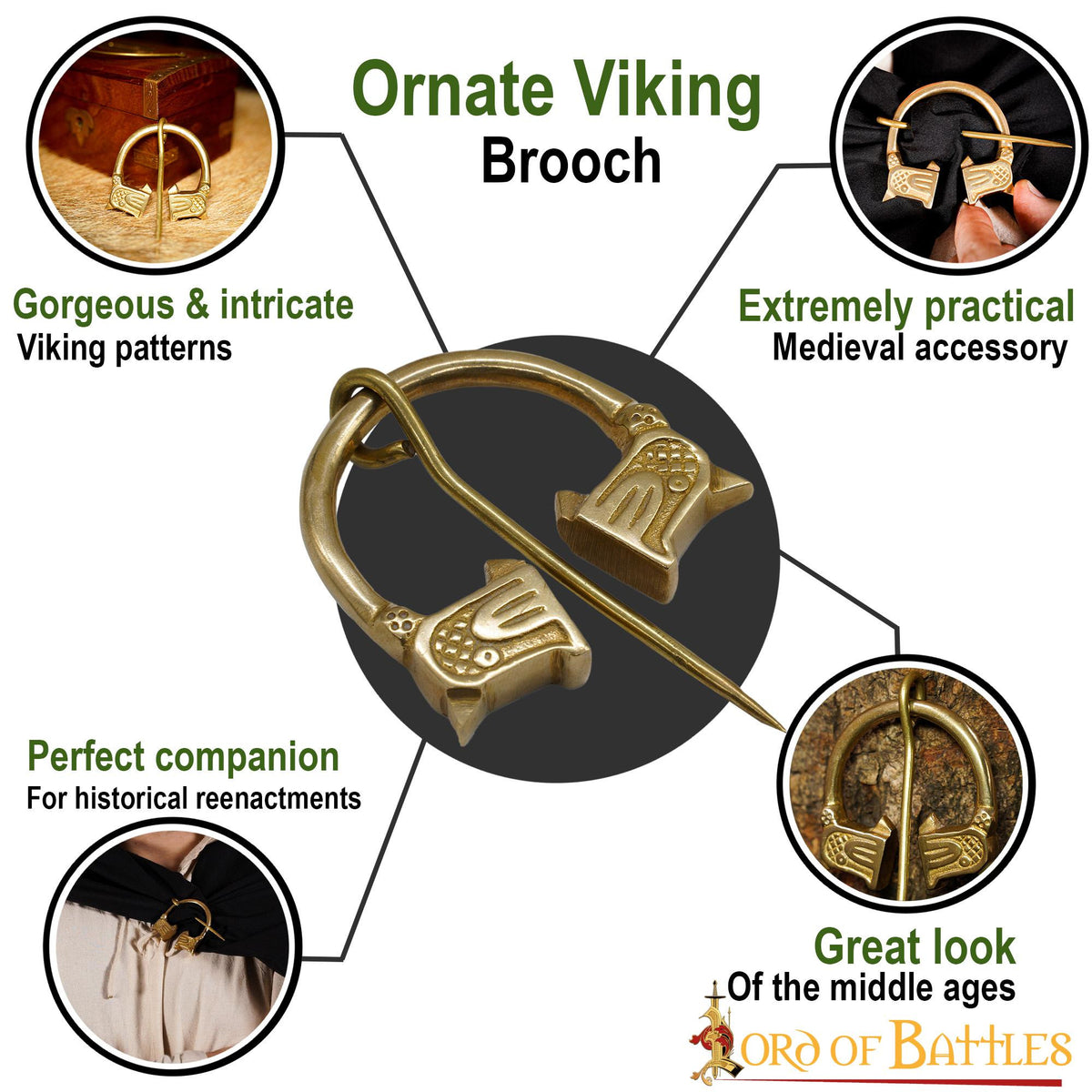 Fíbula vikinga latón diseño lobos (4,5 cm.)