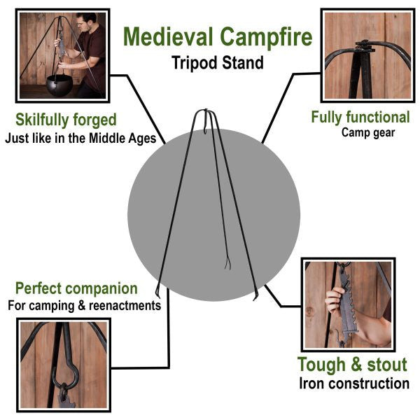 Trípode de hierro forjado fogata medieval, 120 cm.