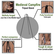 Trípode de hierro forjado fogata medieval, 120 cm.