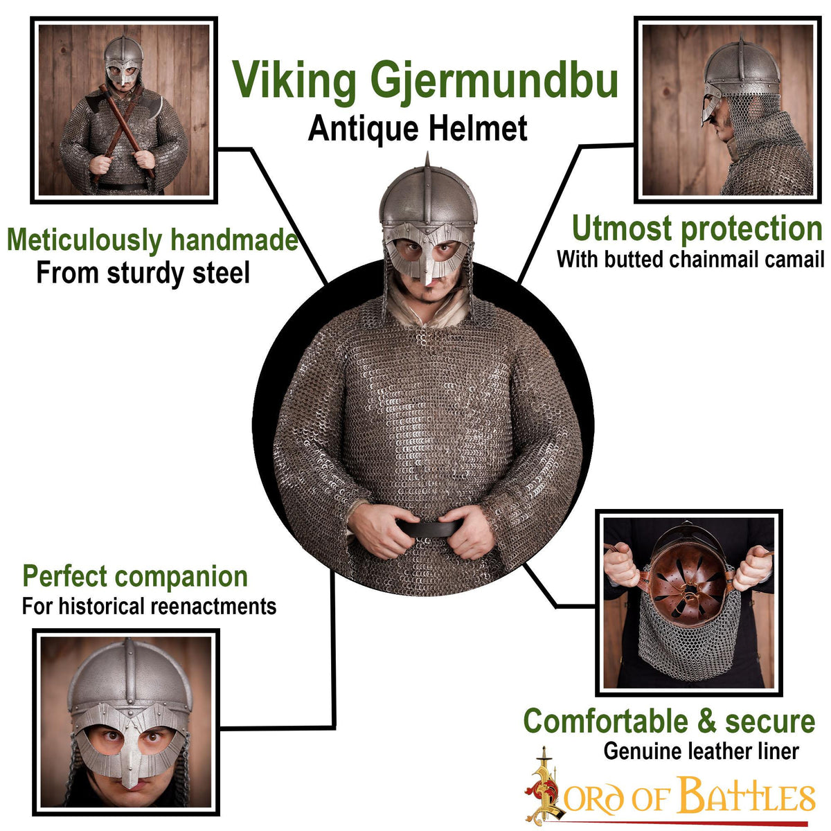 Casco vikingo modelo Gjermundbu, con forro de cuero