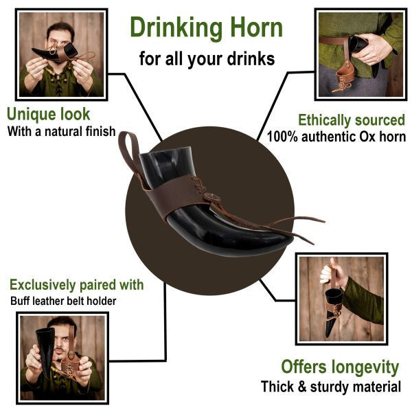 Cuerno vikingo para beber con tahalí de cuero
