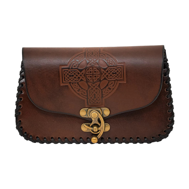 Bolso de cuero cruz celta repujada, color marrón