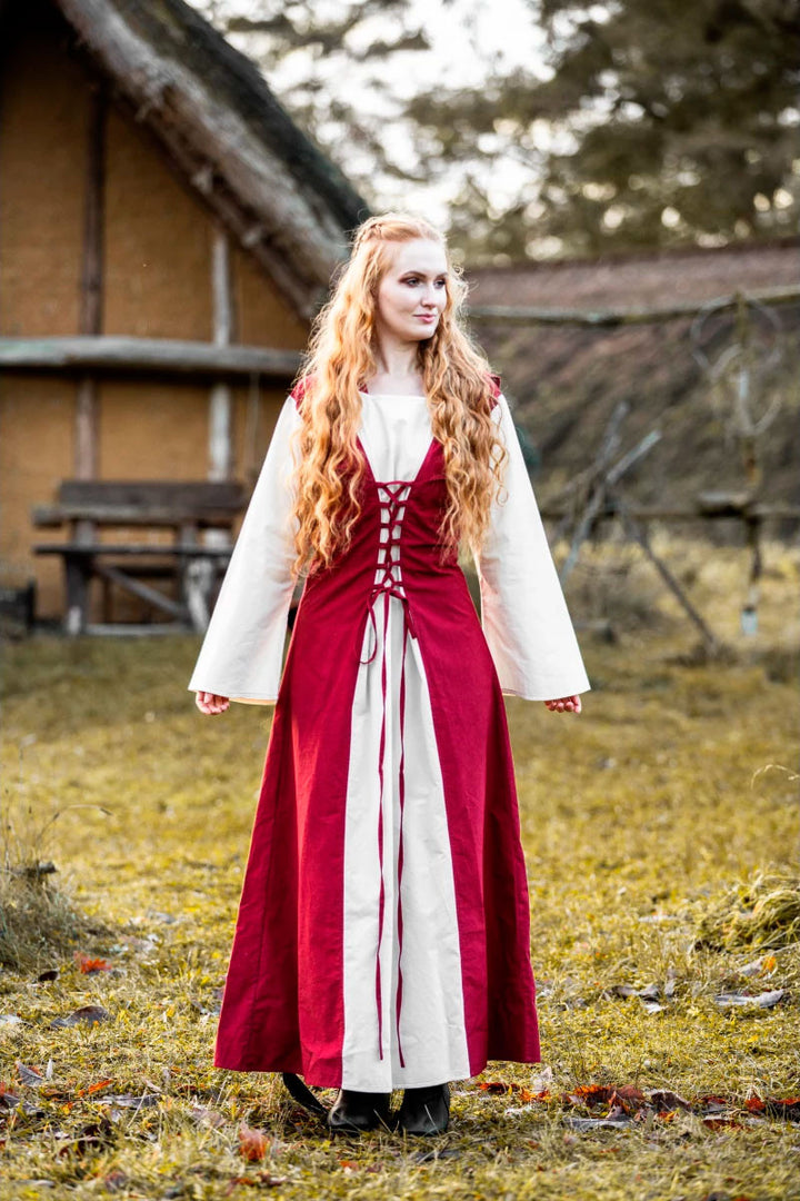 Vestido medieval modelo Genefe, Rojo-Natural