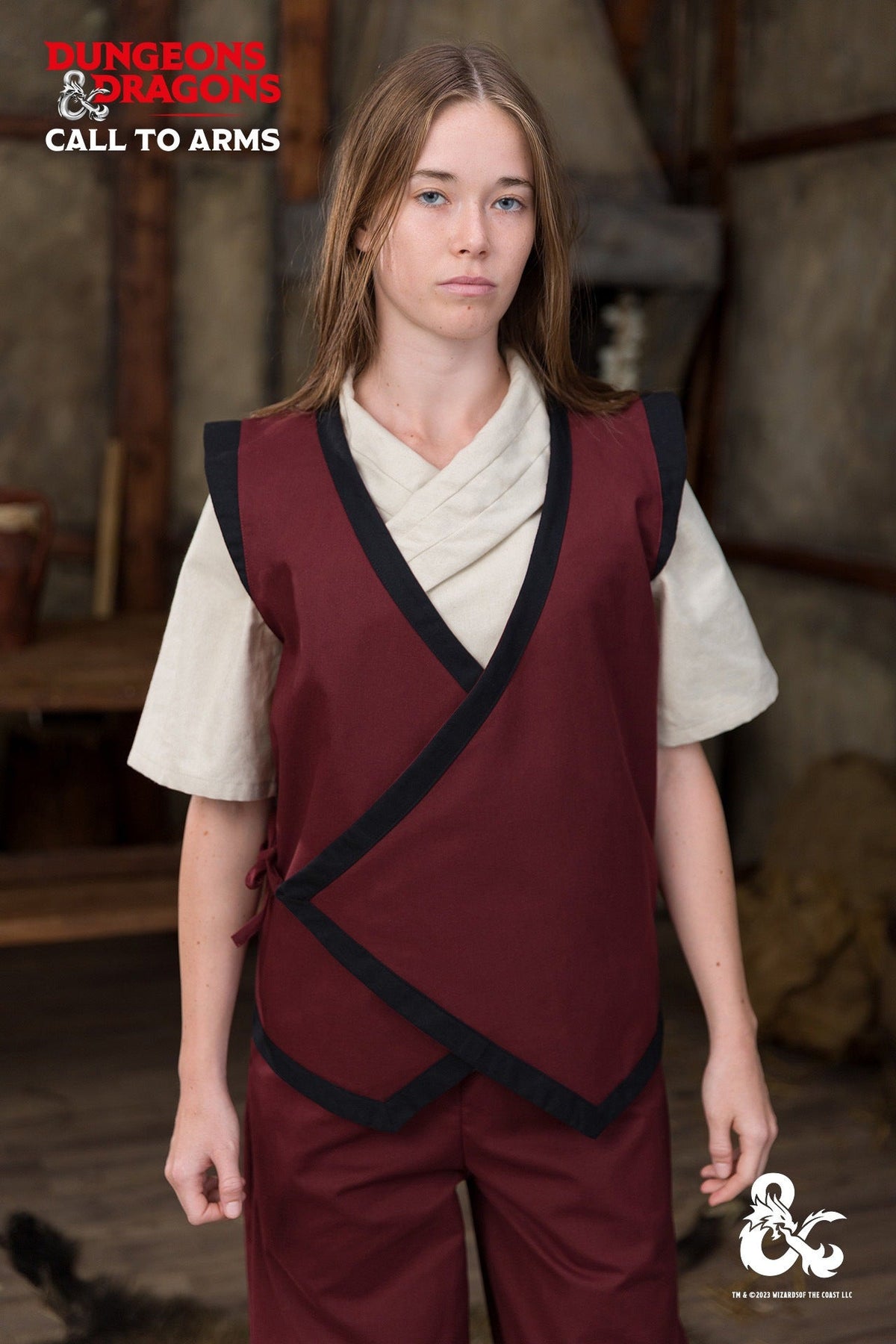 Chaleco medieval de monje, color burdeos-negro