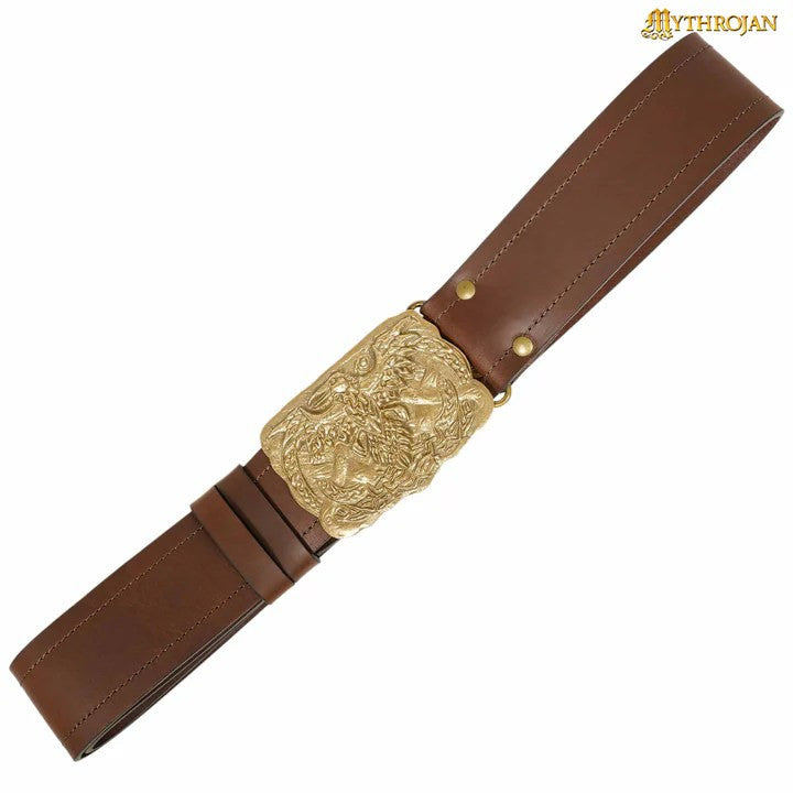Cinturón vikingo correa simple hebilla latón Cuervo de Odín