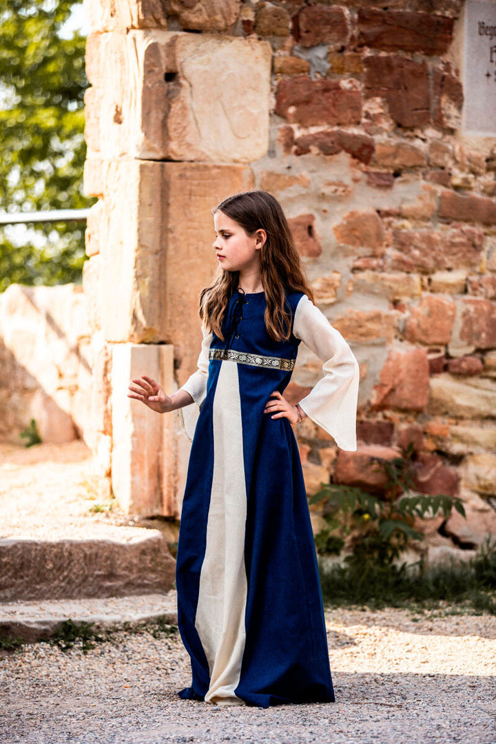 Vestido medieval Piccola Donna, bicolor azul-blanco