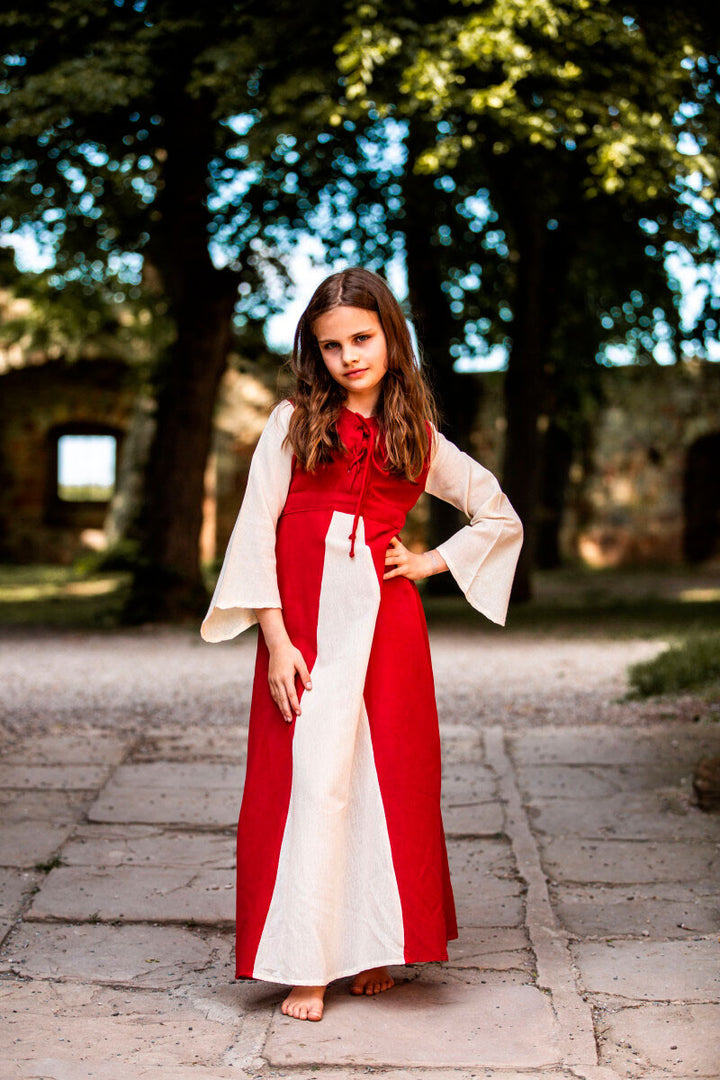 Vestido medieval bicolor para niñas, rojo natural