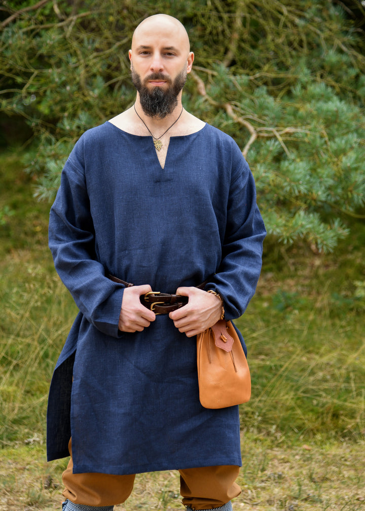 Túnica larga vikinga de lino, color azul oscuro
