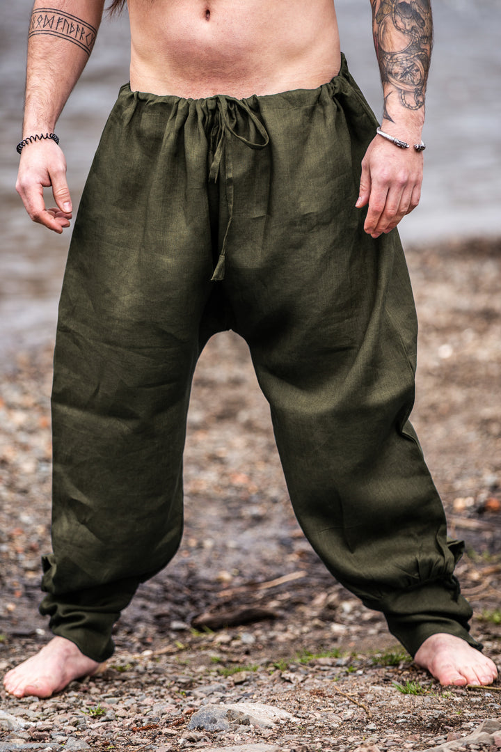 Pantalones vikingos lino Wodan, verde oliva