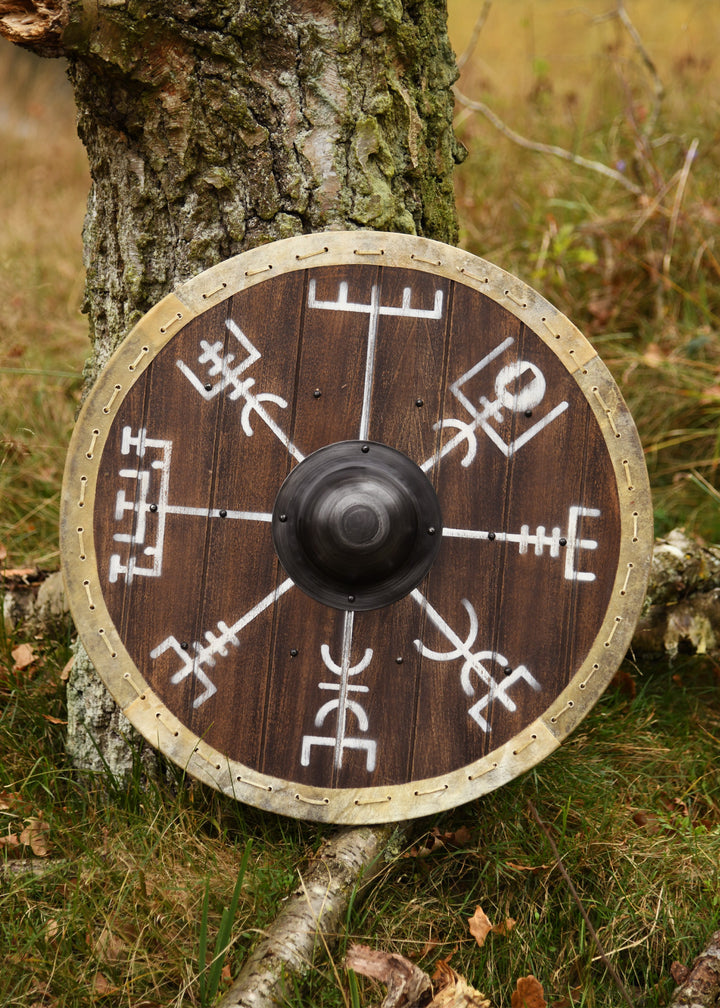 Escudo Vikingo Vegvísir con borde en cuero (60 cm.)